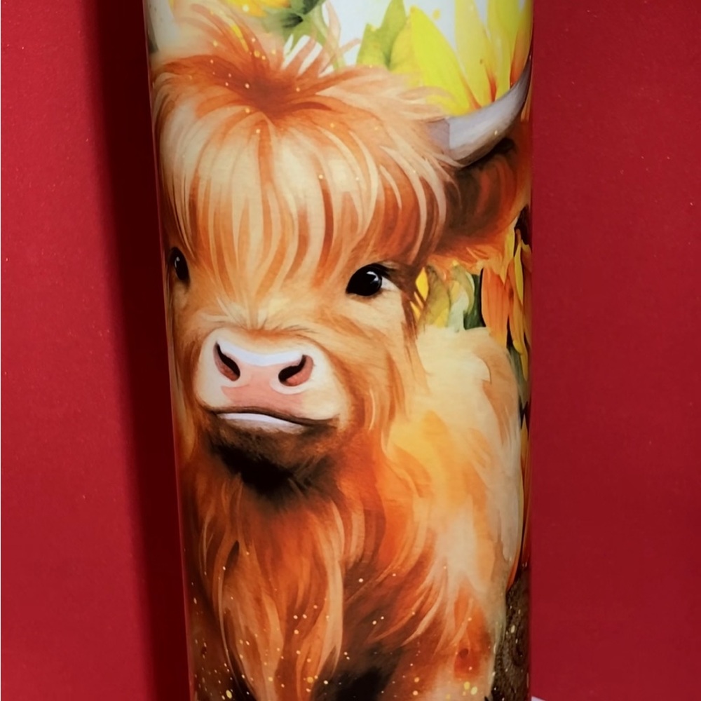Highland Cow Tumbler with Sunflower Design